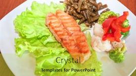  Presentation with salmon dish - Beautiful presentation theme featuring tasty-dish-of-salmon-steak backdrop and a yellow colored foreground