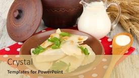  Presentation with onion - Cool new presentation theme with tasty dumplings with fried onion on brown plate on wooden background backdrop and a yellow colored foreground