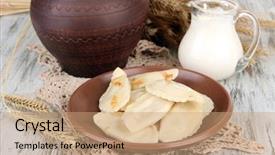  Presentation with onion - Audience pleasing slide set consisting of tasty-dumplings-with-fried-onion backdrop and a coral colored foreground