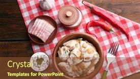  Presentation with onion - Slide deck enhanced with tasty dumplings with fried onion in brown bowl on wooden background background and a tawny brown colored foreground