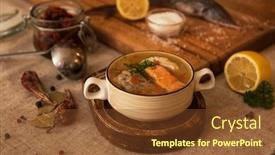  Presentation with soup - Slide set consisting of tasty fish soup - ukha soup from different fishes and vegetables background and a tawny brown colored foreground