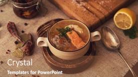  Presentation with soup - Amazing slide set having tasty fish soup - ukha soup from different fishes and vegetables backdrop and a tawny brown colored foreground