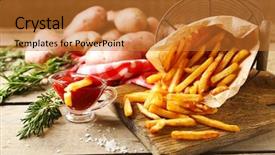  Presentation with french fries - Presentation with tasty french fries on cutting background and a gold colored foreground