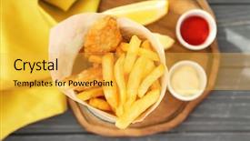  Presentation with lumpia spring rolls fried - Theme with tasty fried fish and chips background and a yellow colored foreground