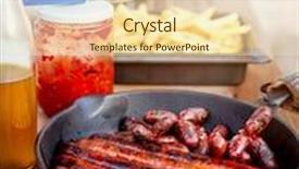  Presentation with food grill - Audience pleasing PPT layouts consisting of tasty fried pork sausages from the grill french fries and sauce on the table barbecue picnic outdoors delicious unhealthy food backdrop and a lemonade colored foreground