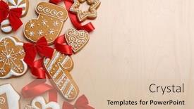  Presentation with cookies christmas - Theme with tasty gingerbread cookies and christmas decor on wooden background background and a lemonade colored foreground