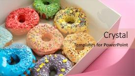  Presentation with donuts - Amazing PPT theme having tasty glazed donuts in box backdrop and a coral colored foreground