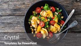  Presentation with breast - Slide set featuring tasty-greek-salad-fried-chicken background and a gray colored foreground