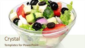  Presentation with greek - Beautiful PPT theme featuring tasty greek salad in transparent bowl isolated on white backdrop and a soft green colored foreground