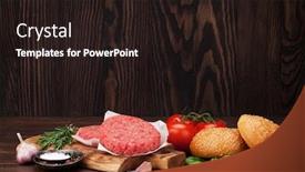  Presentation with burgers - PPT theme featuring tasty grilled home made burgers cooking with beef tomato cheese cucumber and lettuce background and a wine colored foreground