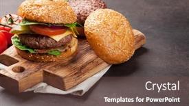  Presentation with burgers - PPT theme having tasty grilled home made burgers cooking with beef tomato cheese cucumber and lettuce background and a tawny brown colored foreground
