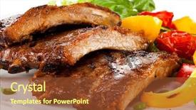  Presentation with ribs - Cool new slide set with tasty grilled ribs with vegetables backdrop and a tawny brown colored foreground