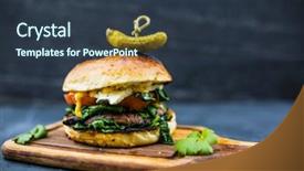  Presentation with blue cheese - Slide deck consisting of tasty grilled vegetarian champignon burger with spinach lettuce and blue cheese served on wooden table with copyspace blackboard in background background and a tawny brown colored foreground