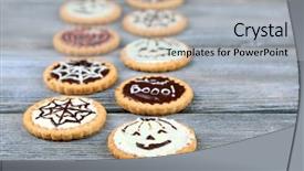  Presentation with wooden board empty table top - Amazing slides having tasty halloween cookies on wooden backdrop and a  colored foreground