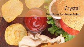 Presentation with ketchup - Slide deck having tasty hamburger with french fries chips and ketchup closeup background and a yellow colored foreground