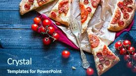  Presentation with pizza - Presentation theme consisting of tasty hand made tomatoes pizza background and a ocean colored foreground