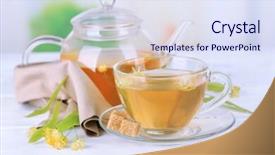  Presentation with herbal - Beautiful slide deck featuring tasty herbal tea with linden flowers on wooden table backdrop and a sky blue colored foreground