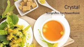  Presentation with herbal - Presentation theme featuring tasty herbal tea with linden flowers on wooden table background and a coral colored foreground