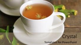  Presentation with herbal - PPT theme enhanced with tasty herbal tea with linden flowers on wooden table background and a coral colored foreground