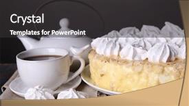  Presentation with cup cake - PPT layouts consisting of tasty homemade meringue cake and cup of tea on wooden table on grey background background and a dark gray colored foreground