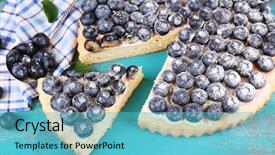  Presentation with blueberries - PPT theme enhanced with tasty homemade pie with blueberries on wooden table background and a teal colored foreground