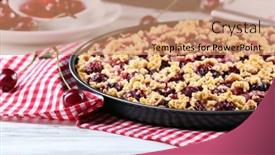  Presentation with homemade pastry apple pie pies - Audience pleasing presentation design consisting of tasty homemade pie with cherries on table close up backdrop and a coral colored foreground