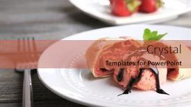  Presentation with strawberry ice cream - Beautiful PPT theme featuring tasty homemade strudel with ice-cream fresh strawberry and mint leaves on plate on wooden background backdrop and a red colored foreground