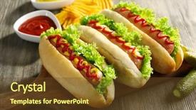  Presentation with cucumbers - Presentation featuring healthy unhealthy food - tasty hot-dogs with chips background and a tawny brown colored foreground