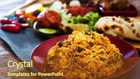  Presentation with indian food - PPT theme consisting of tasty indian food basmati rice on a plate background and a tawny brown colored foreground
