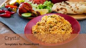  Presentation with indian food - Amazing slide set having tasty-indian-food-basmati-rice backdrop and a coral colored foreground