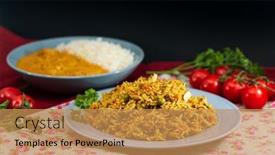  Presentation with indian food - PPT layouts having tasty-indian-food-basmati-rice background and a coral colored foreground