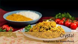  Presentation with indian food - Slide set with tasty indian food basmati rice background and a gold colored foreground