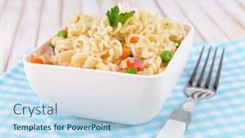  Presentation with instant noodles bowl - Beautiful PPT theme featuring tasty instant noodles with vegetables in bowl on table close-up backdrop and a sky blue colored foreground