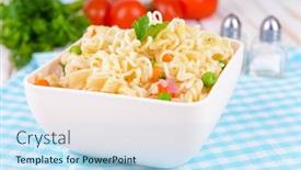  Presentation with instant noodles bowl - Amazing slide deck having tasty instant noodles with vegetables backdrop and a sky blue colored foreground