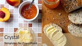  Presentation with mosaic - Beautiful slide deck featuring tasty jam in the jar and bowl ripe peaches bread with butter and wooden tablet on mosaic background backdrop and a coral colored foreground