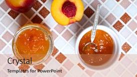  Presentation with jam - Cool new theme with tasty jam in the jar and bowl ripe peaches on mosaic background close-up backdrop and a coral colored foreground