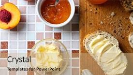  Presentation with jam - Colorful presentation enhanced with tasty jam in the jar and bowl ripe peaches bread with butter and wooden tablet on mosaic background backdrop and a coral colored foreground