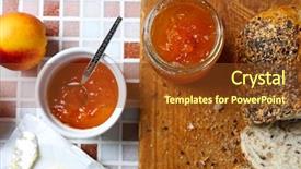  Presentation with jam - Presentation theme having tasty jam in the jar and bowl ripe peaches butter fresh bread and wooden tablet on mosaic background close-up background and a tawny brown colored foreground