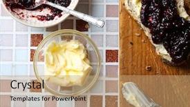  Presentation with jam - Amazing slide deck having tasty jam on the plate butter fresh bread and wooden tablet on mosaic background backdrop and a coral colored foreground