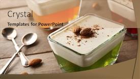  Presentation with jelly - Theme featuring tasty jelly dessert with cream on wooden table background and a coral colored foreground