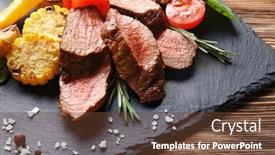  Presentation with slate - Colorful presentation enhanced with tasty juicy meat with vegetables on slate plate backdrop and a tawny brown colored foreground