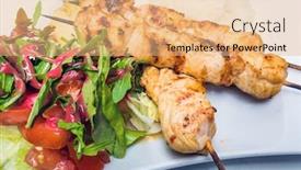  Presentation with slate - Audience pleasing theme consisting of tasty-kabobs-with-vegetables backdrop and a coral colored foreground