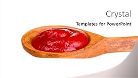  Presentation with ketchup - PPT theme with tasty ketchup in wooden spoon isolated on white background and a white colored foreground