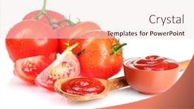  Presentation with tomato ketchup - Audience pleasing presentation consisting of tasty ketchup in wooden spoon and tomato isolated on white backdrop and a sky blue colored foreground