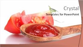  Presentation with tomato ketchup - Cool new PPT theme with tasty ketchup in wooden spoon and tomato isolated on white backdrop and a white colored foreground
