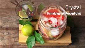 Presentation with glassware - Presentation featuring tasty lemonade with citrus fruits and berries in glassware on wooden crate background and a tawny brown colored foreground