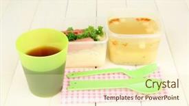  Presentation with plastic containers - Colorful presentation design enhanced with iron horse relief on the fence of the bridge backdrop and a ocean colored foreground