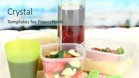  Presentation with plastic containers - Beautiful slide deck featuring tasty lunch in plastic containers on wooden table on bright background backdrop and a cool aqua colored foreground