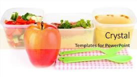  Presentation with plastic containers - Slide set having tasty lunch in plastic containers isolated on white background and a yellow colored foreground