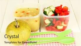  Presentation with plastic containers - PPT theme having tasty lunch in plastic containers on wooden background background and a yellow colored foreground